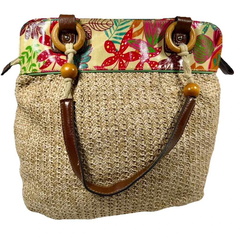 Merona Tropical Floral Straw Shoulder‎ Bag Brown Handles Leaf Charms 13x16 EUC